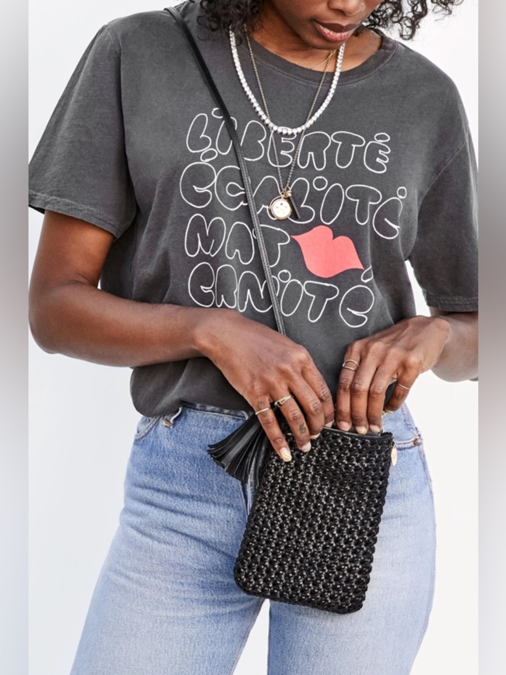 Clare V. Black Rattan Leather Poche Tassel Crossbody Phone Bag with Dust Bag